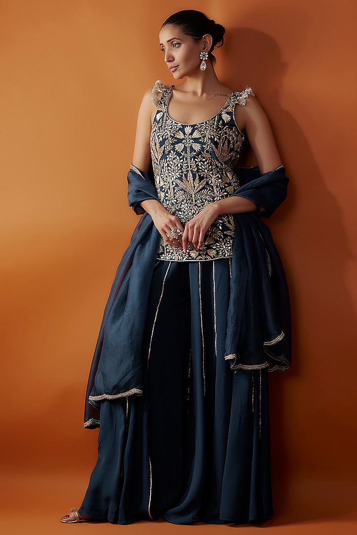 Navy Blue Mushroom Satin Sharara Set by Payal Singhal at Pernia's Pop Up Shop