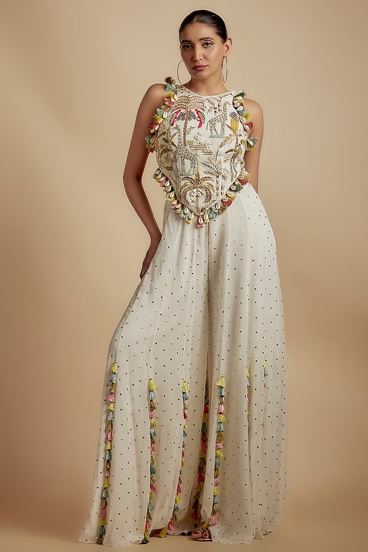 Ivory Georgette Stone Embroidered Sharara Set by Payal Singhal at Pernia's Pop Up Shop