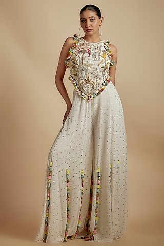 Ivory Georgette Stone Embroidered Sharara Set by Payal Singhal