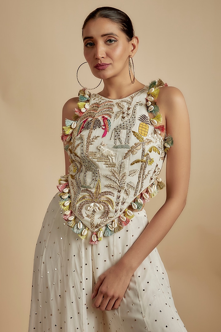 Ivory Georgette Stone Embroidered Wedding Sharara Set by Payal Singhal at Pernia's Pop Up Shop