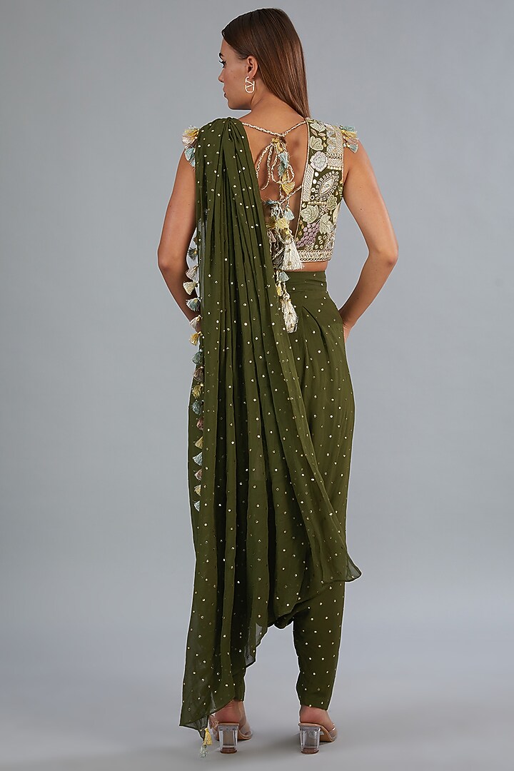 Olive Green Mukaish Georgette Draped Pant Set by Payal Singhal at Pernia's Pop Up Shop