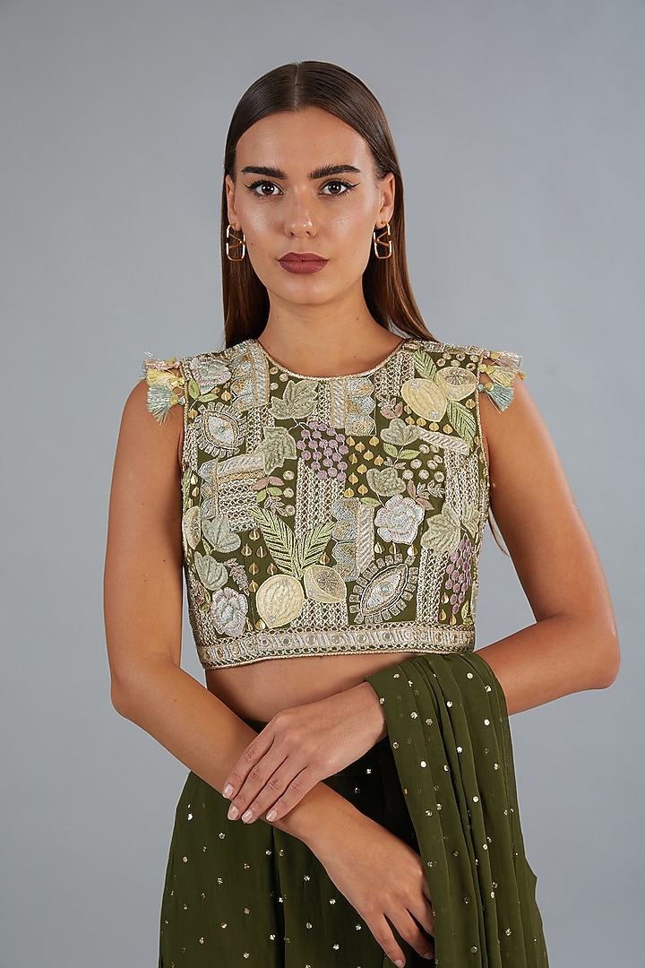 Olive Green Mukaish Georgette Draped Pant Set by Payal Singhal at Pernia's Pop Up Shop