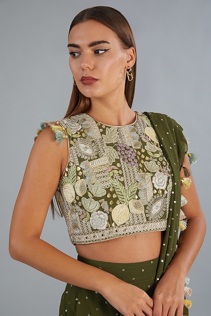 Olive Green Mukaish Georgette Draped Pant Set by Payal Singhal at Pernia's Pop Up Shop