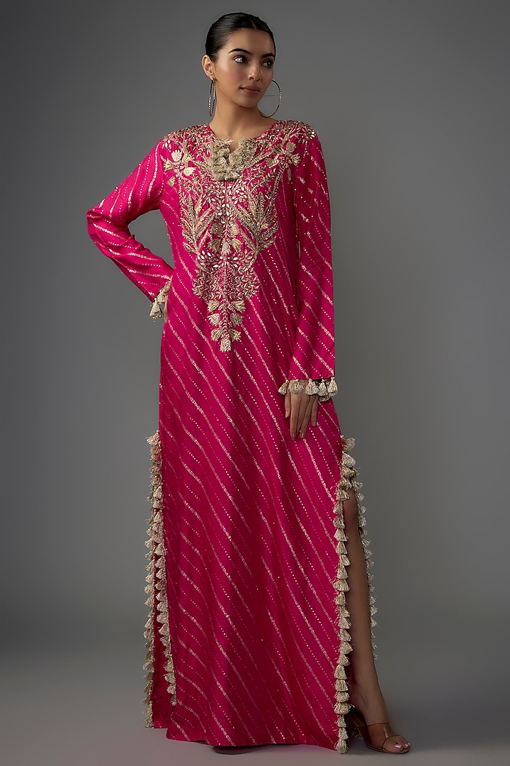 Hot Pink Dola Silk Embroidered Kaftan by Payal Singhal