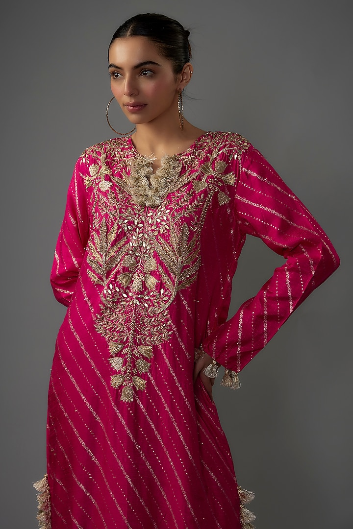 Hot Pink Dola Silk Embroidered Kaftan by Payal Singhal at Pernia's Pop Up Shop