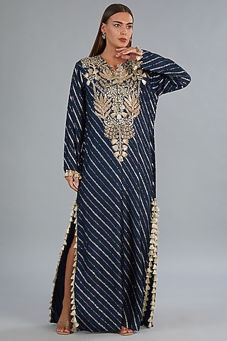 Navy Blue Dola Silk Embroidered Kaftan by Payal Singhal