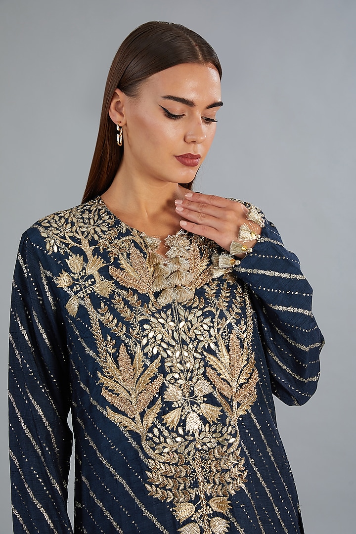 Navy Blue Dola Silk Embroidered Kaftan by Payal Singhal at Pernia's Pop Up Shop