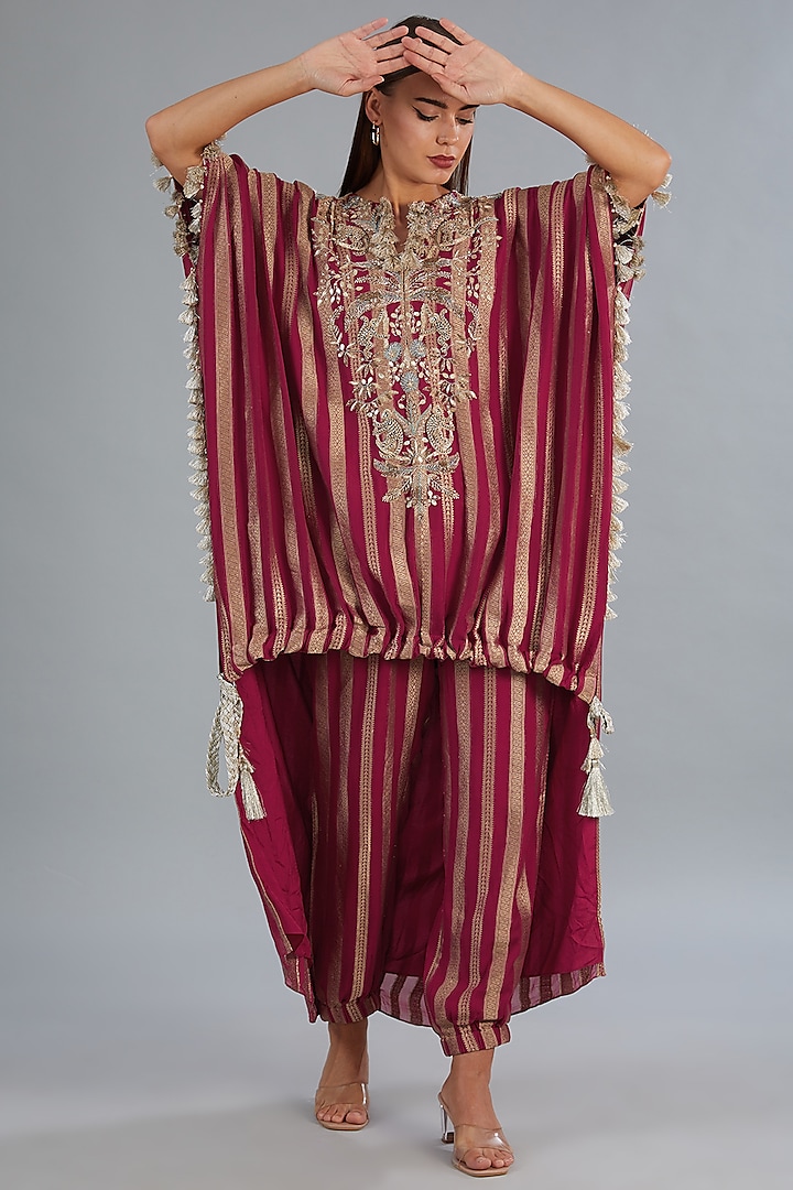 Maroon Georgette Banarasi Stripes Embroidered High-Low Kaftan Set by Payal Singhal at Pernia's Pop Up Shop