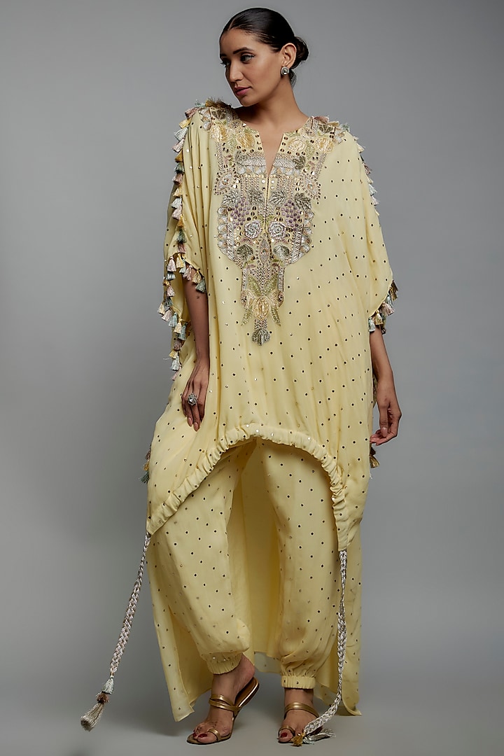 Yellow Mukaish Georgette Applique Embroidered High-Low Kurta Set by Payal Singhal at Pernia's Pop Up Shop