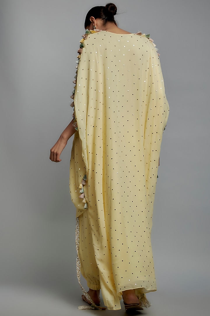 Yellow Mukaish Georgette Applique Embroidered High-Low Kurta Set by Payal Singhal at Pernia's Pop Up Shop
