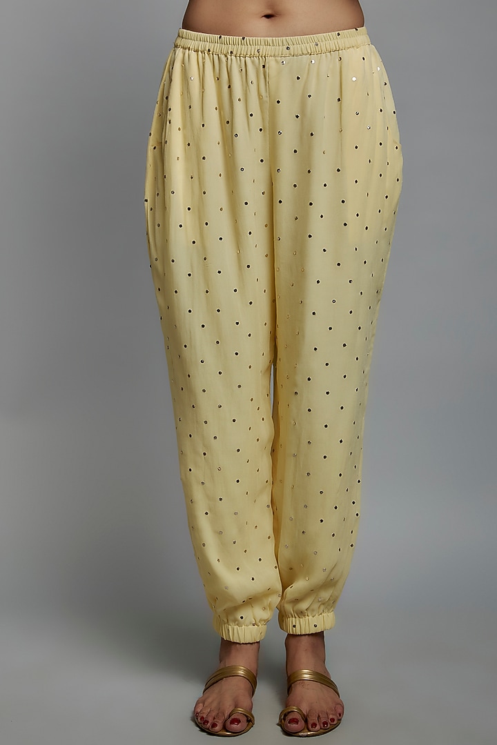 Yellow Mukaish Georgette Applique Embroidered High-Low Kurta Set by Payal Singhal at Pernia's Pop Up Shop