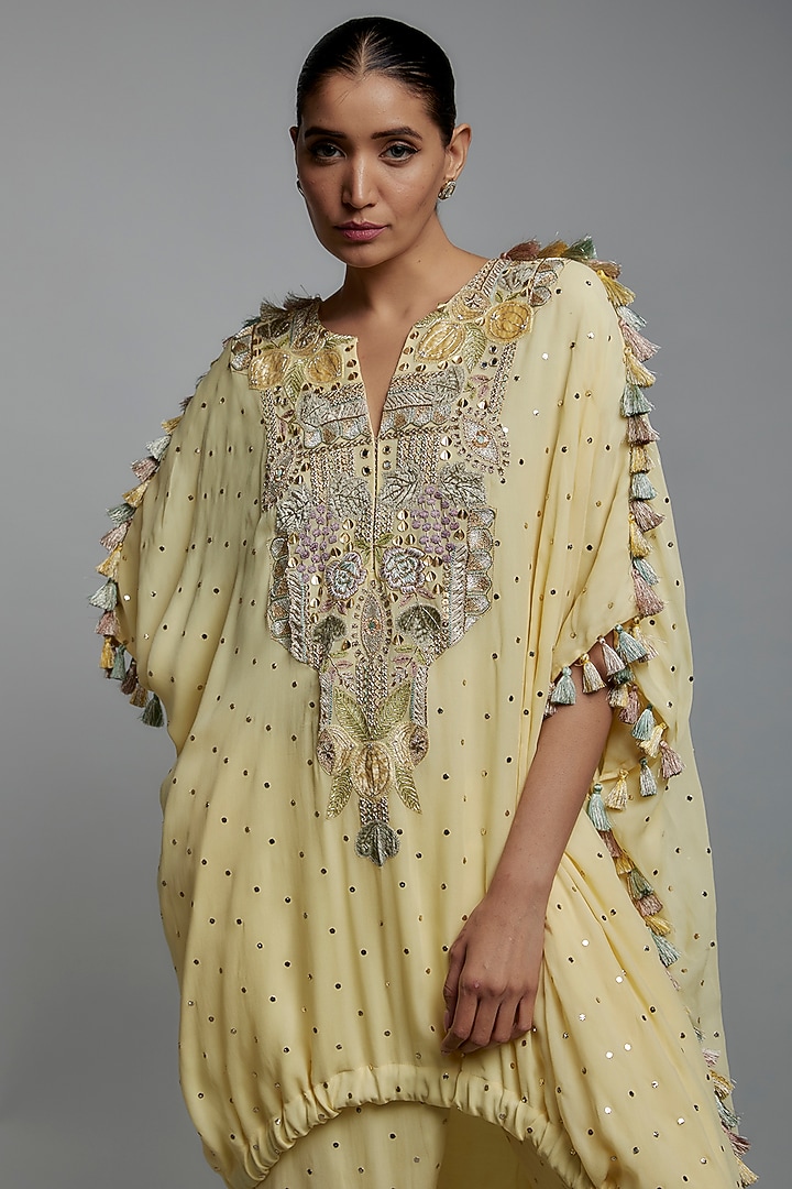 Yellow Mukaish Georgette Applique Embroidered High-Low Kurta Set by Payal Singhal at Pernia's Pop Up Shop