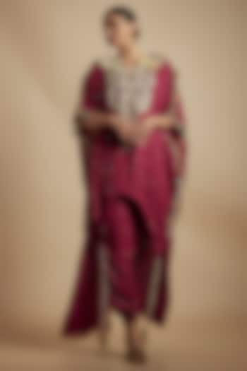 Maroon Mukaish Georgette Applique Embroidered High-Low Kurta Set by Payal Singhal at Pernia's Pop Up Shop