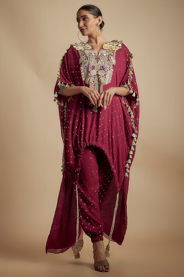 Maroon Mukaish Georgette Applique Embroidered High-Low Kurta Set by Payal Singhal at Pernia's Pop Up Shop