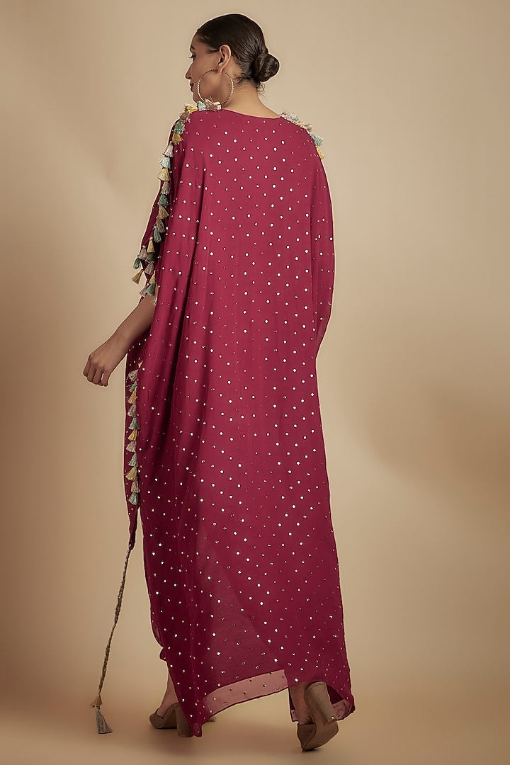Maroon Mukaish Georgette Applique Embroidered High-Low Kurta Set by Payal Singhal at Pernia's Pop Up Shop