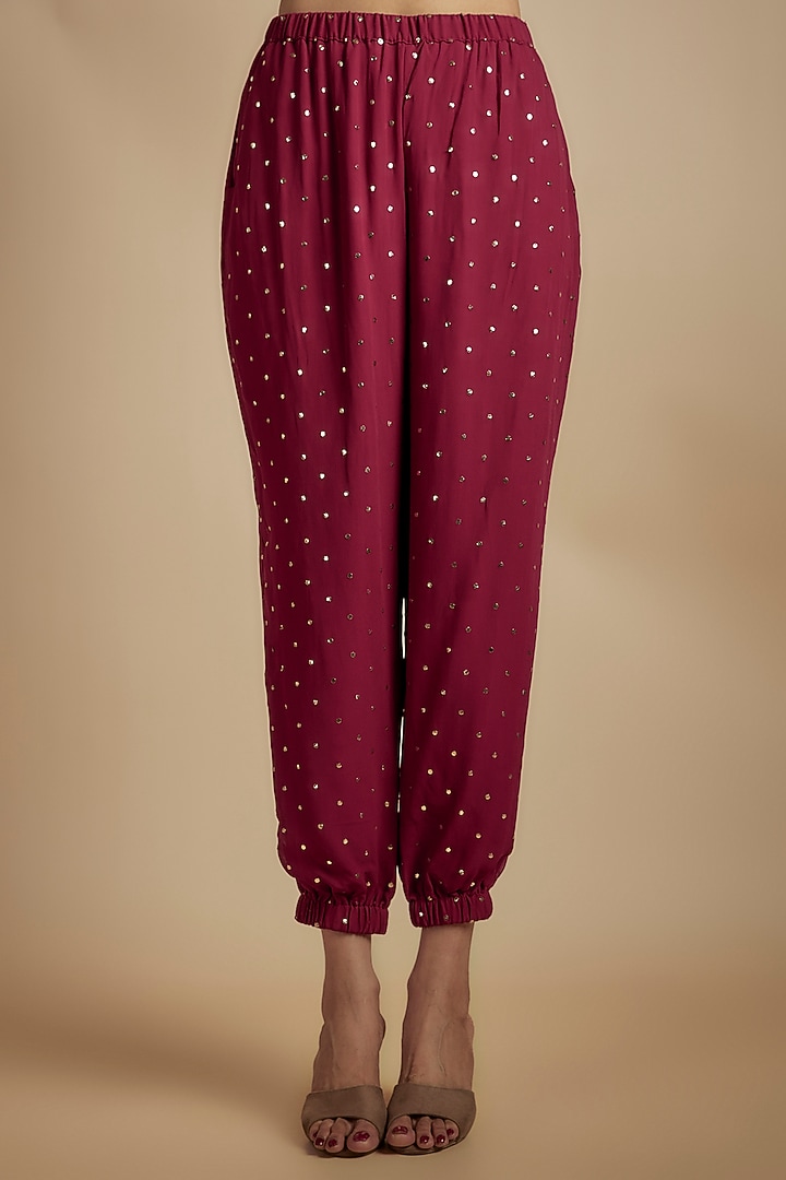 Maroon Mukaish Georgette Applique Embroidered High-Low Kurta Set by Payal Singhal at Pernia's Pop Up Shop