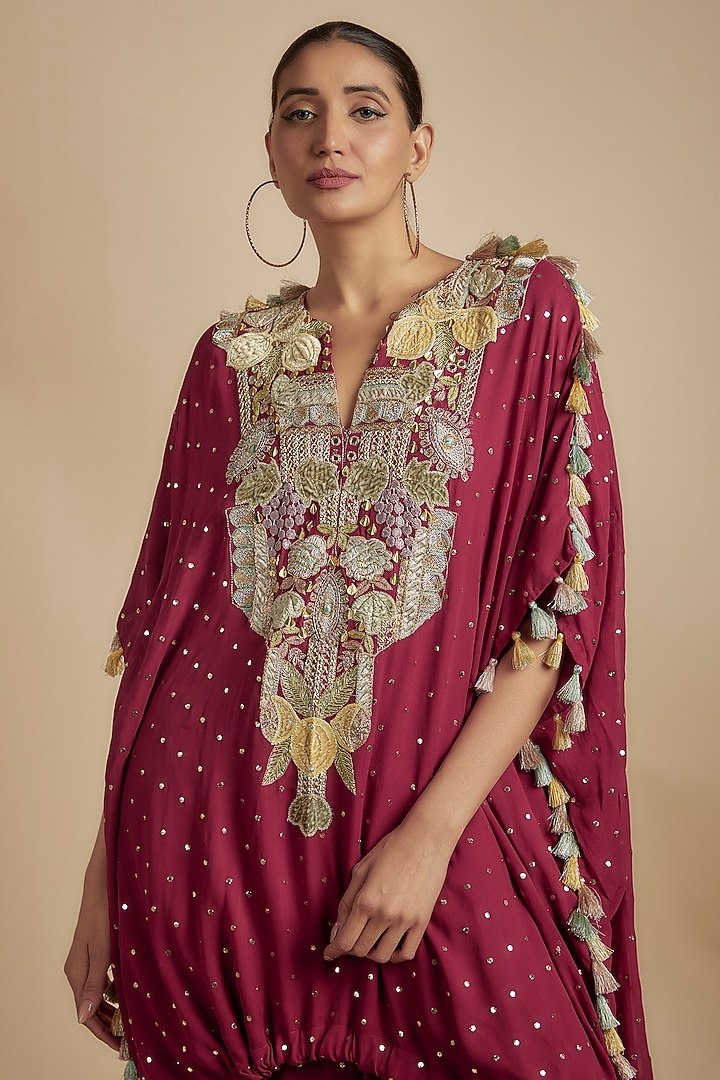 Maroon Mukaish Georgette Applique Embroidered High-Low Kurta Set by Payal Singhal at Pernia's Pop Up Shop
