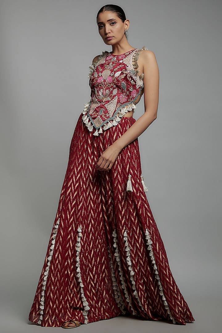 Maroon Banarasi Georgette Sharara Set by Payal Singhal at Pernia's Pop Up Shop