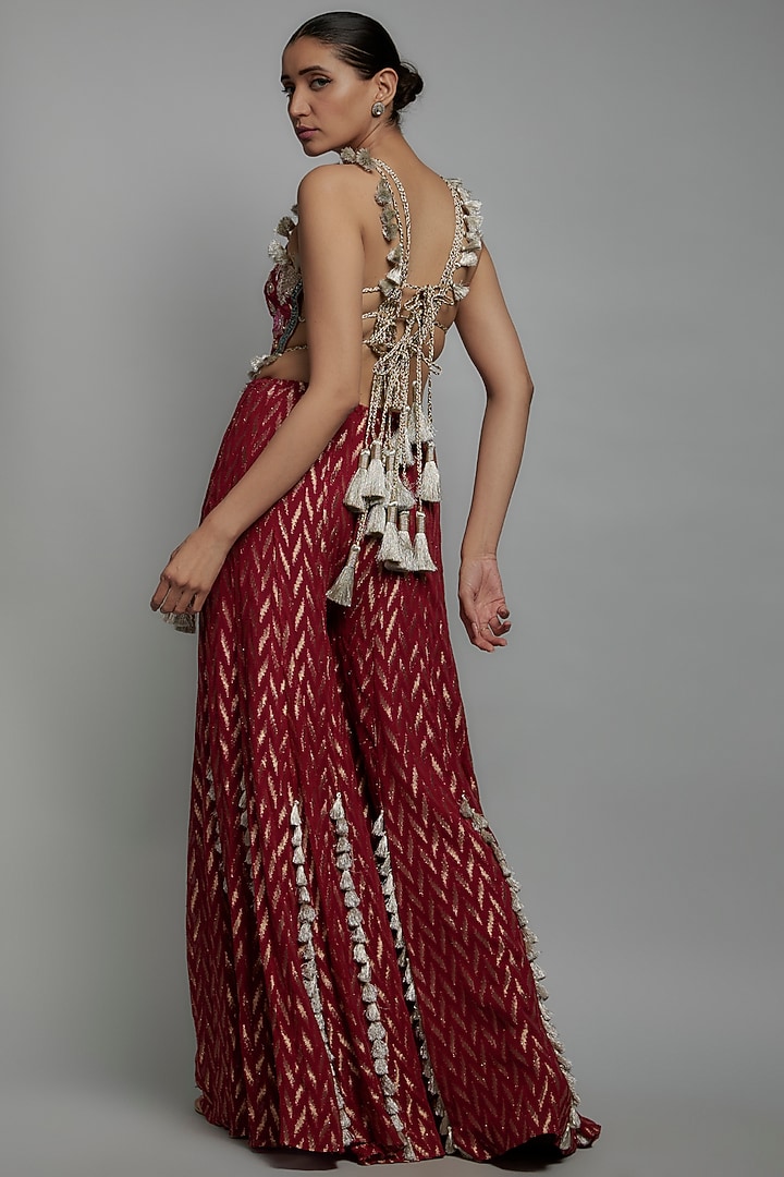 Maroon Banarasi Georgette Wedding Sharara Set by Payal Singhal at Pernia's Pop Up Shop