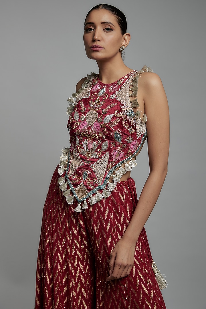 Maroon Banarasi Georgette Wedding Sharara Set by Payal Singhal at Pernia's Pop Up Shop