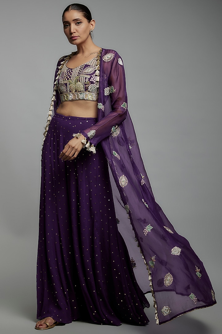 Navy Blue Georgette Printed & Embroidered Frilled Jacket Set by Payal Singhal at Pernia's Pop Up Shop