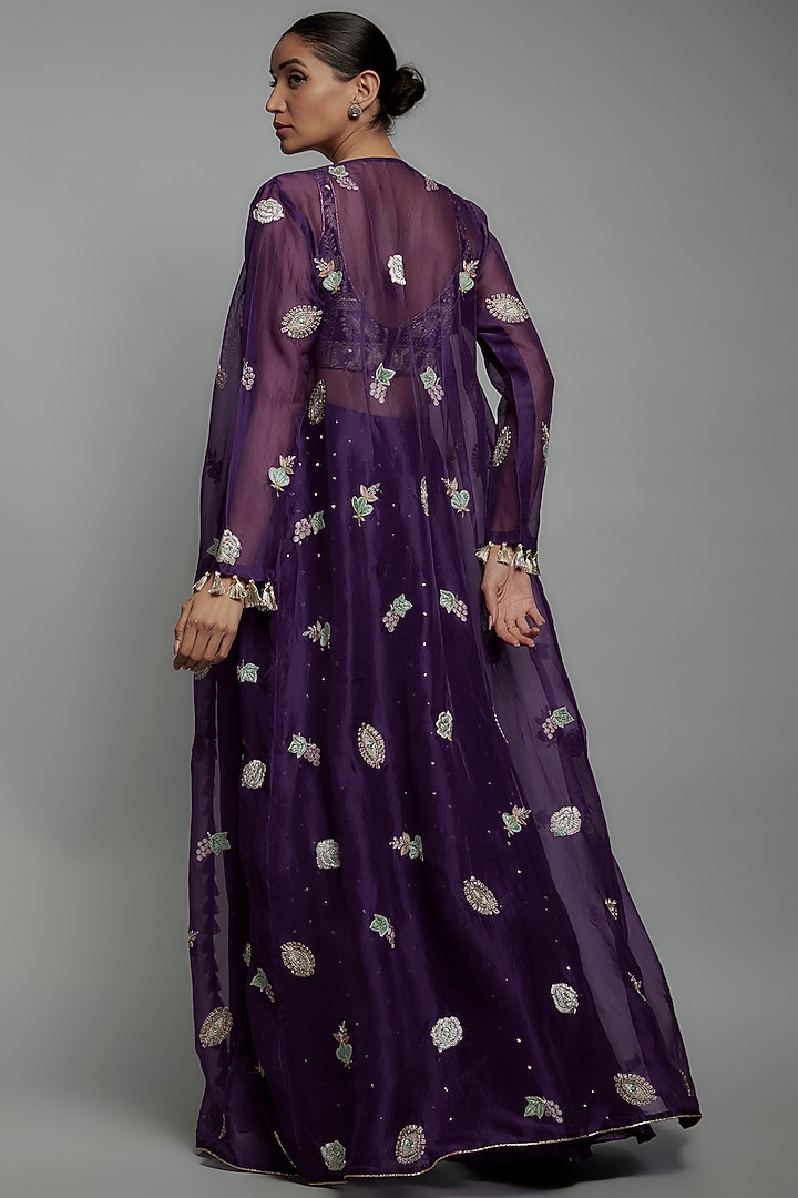 Navy Blue Georgette Printed & Embroidered Frilled Jacket Set by Payal Singhal at Pernia's Pop Up Shop