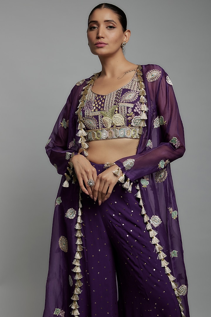 Navy Blue Georgette Printed & Embroidered Frilled Jacket Set by Payal Singhal at Pernia's Pop Up Shop