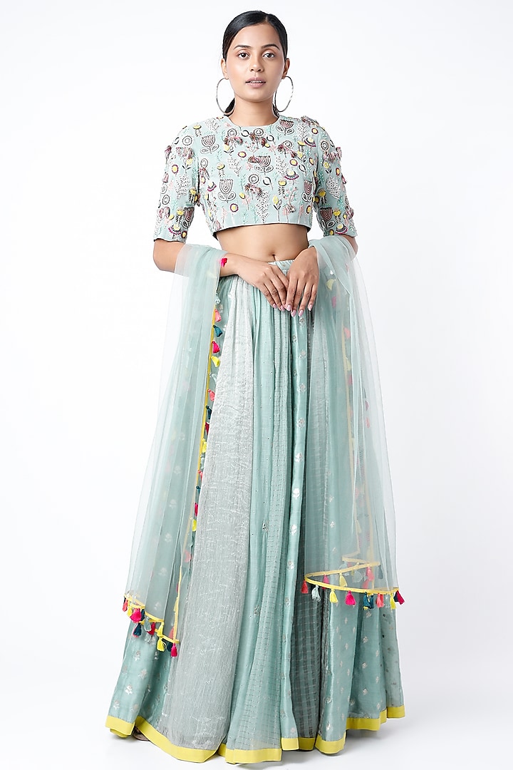 Pale Blue Dot Mukaish Georgette Lehenga Set by Payal Singhal