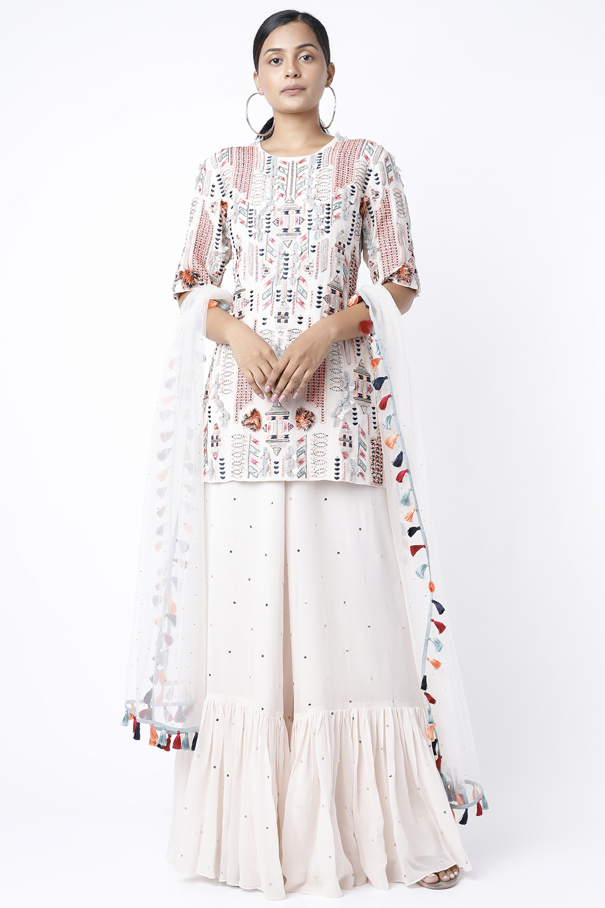 Chalk White Dot Mukaish Georgette Sharara Set by Payal Singhal