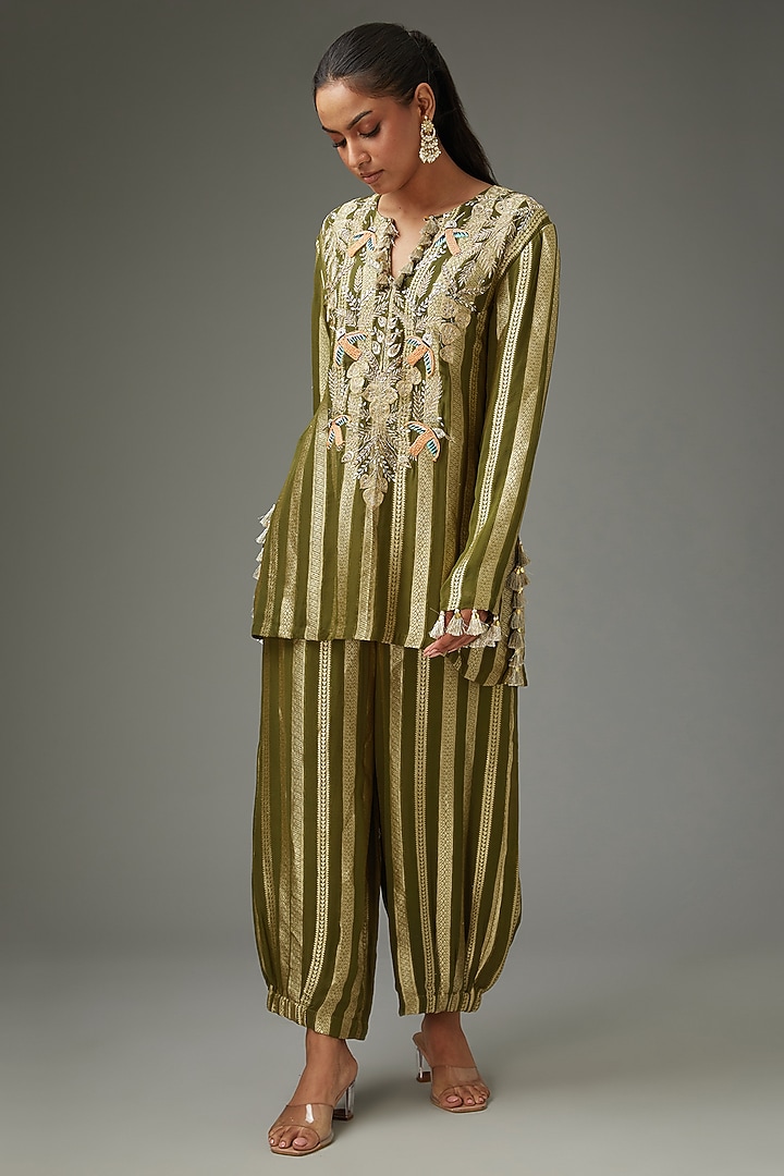 Olive-Gold Banarasi Georgette Embroidered Striped Kurta Set by Payal Singhal at Pernia's Pop Up Shop