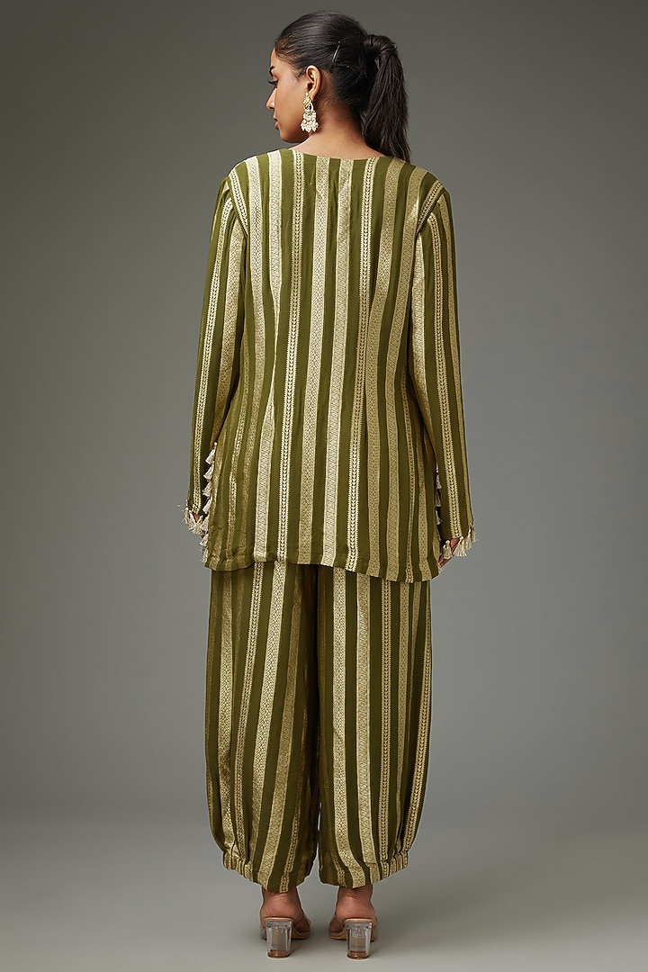 Olive-Gold Banarasi Georgette Embroidered Striped Kurta Set by Payal Singhal at Pernia's Pop Up Shop