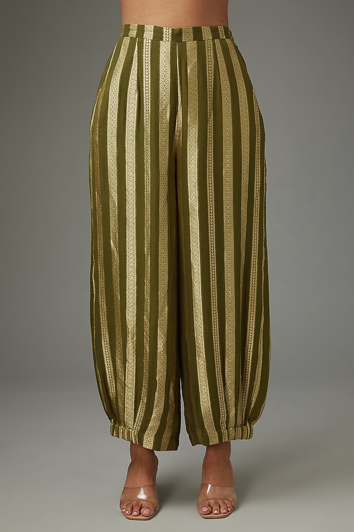 Olive-Gold Banarasi Georgette Embroidered Striped Kurta Set by Payal Singhal at Pernia's Pop Up Shop