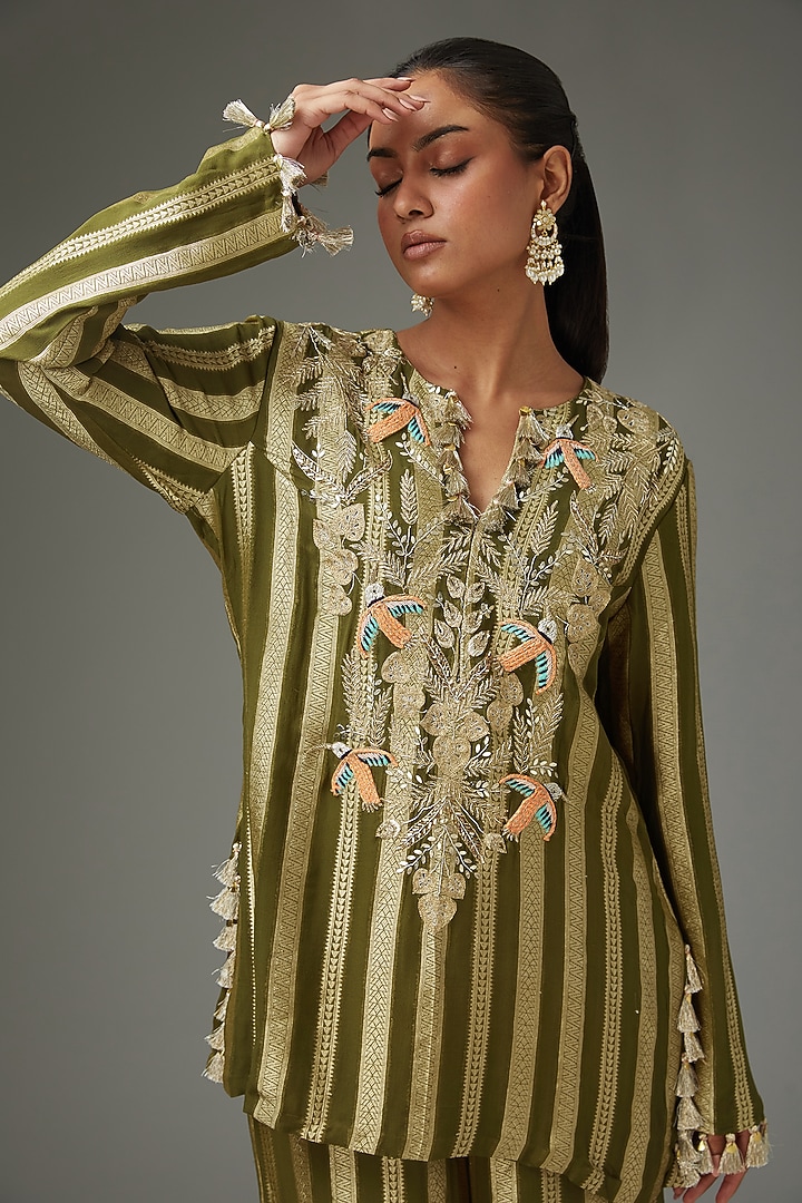 Olive-Gold Banarasi Georgette Embroidered Striped Kurta Set by Payal Singhal at Pernia's Pop Up Shop