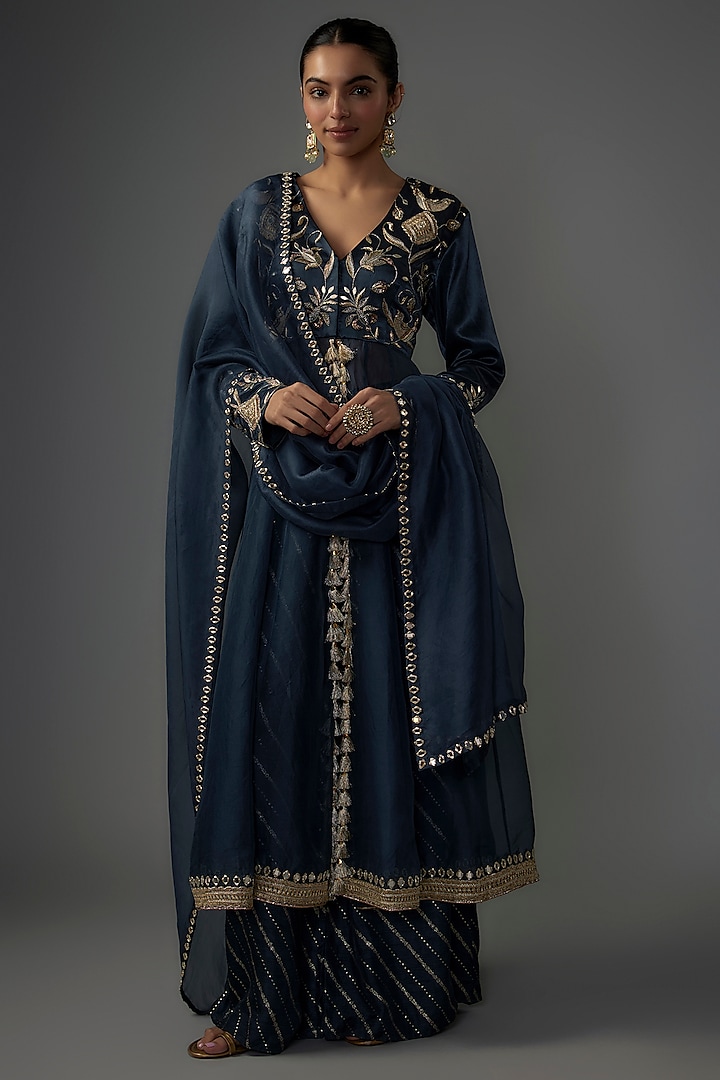 Navy Blue Mushroom Satin & Organza Embroidered Anarkali Set by Payal Singhal at Pernia's Pop Up Shop