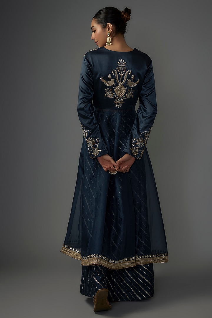 Navy Blue Mushroom Satin & Organza Embroidered Bridal Anarkali Set by Payal Singhal at Pernia's Pop Up Shop