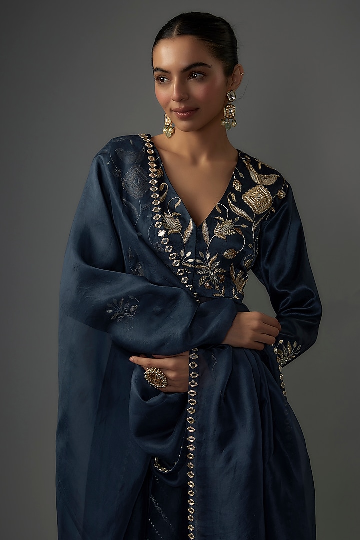 Navy Blue Mushroom Satin & Organza Embroidered Bridal Anarkali Set by Payal Singhal at Pernia's Pop Up Shop