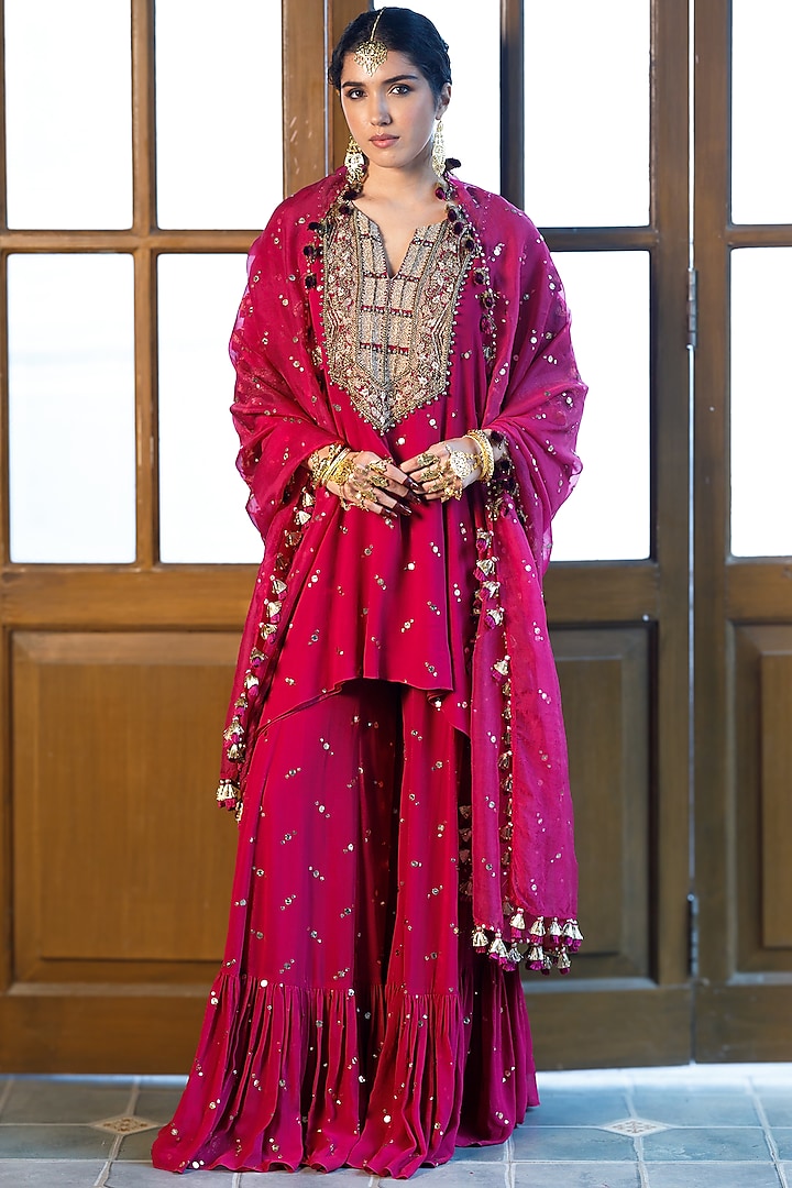 Magenta Pink Mukaish Georgette Embroidered Sharara Set by Payal Singhal at Pernia's Pop Up Shop