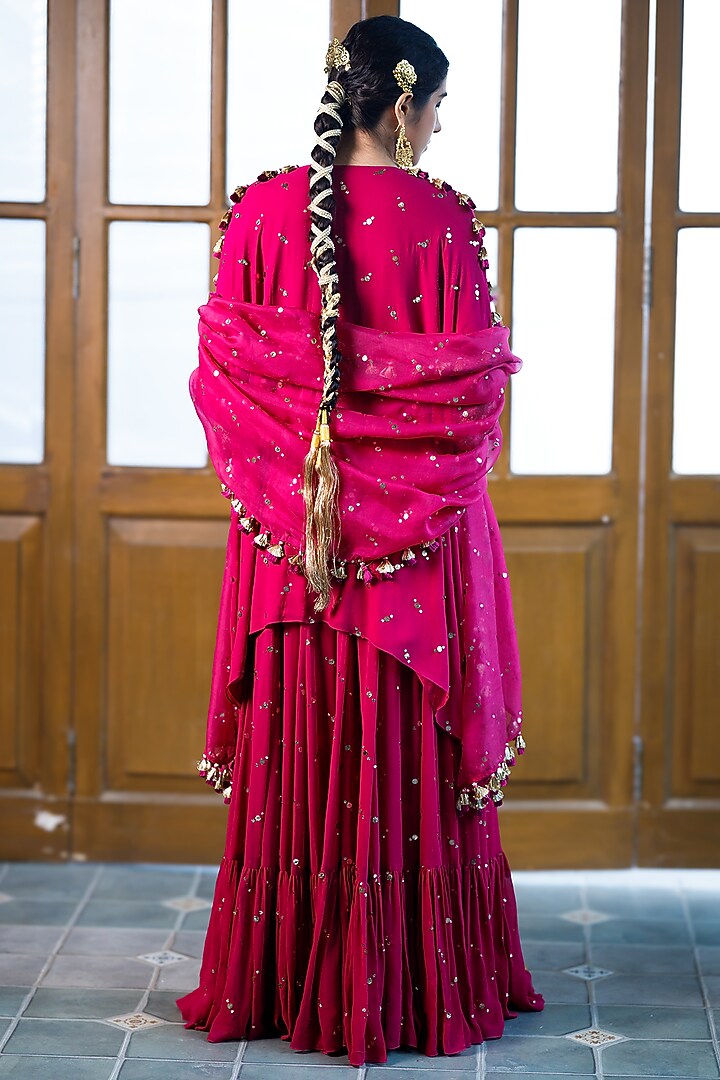Magenta Pink Mukaish Georgette Embroidered Bridal Sharara Set by Payal Singhal at Pernia's Pop Up Shop