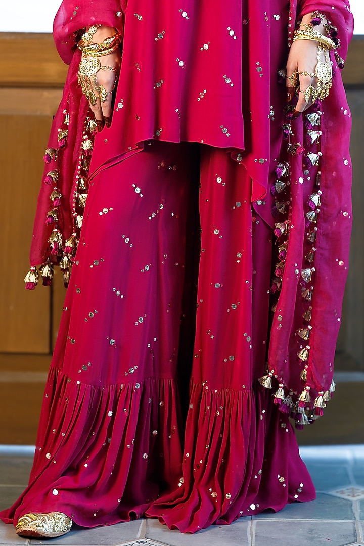 Magenta Pink Mukaish Georgette Embroidered Bridal Sharara Set by Payal Singhal at Pernia's Pop Up Shop
