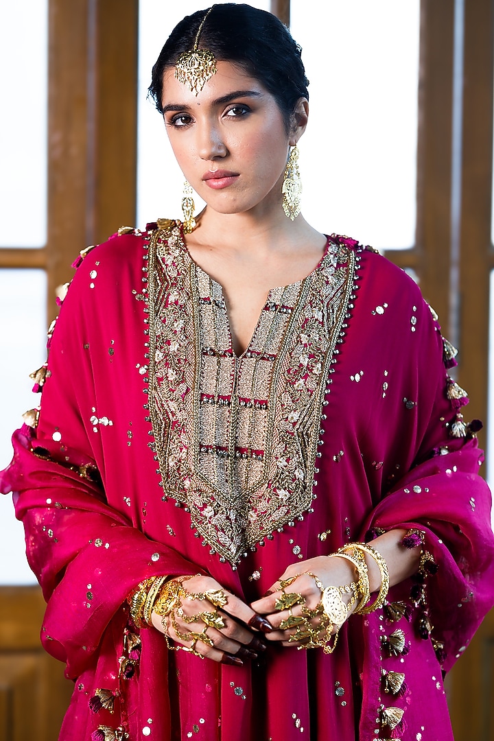 Magenta Pink Mukaish Georgette Embroidered Bridal Sharara Set by Payal Singhal at Pernia's Pop Up Shop