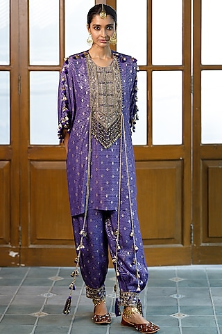 Purple Dola Silk Diamond Embroidered Kaftan Set by Payal Singhal