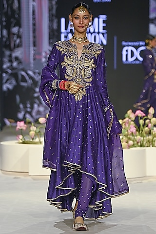 Purple Mukaish Silk Mulk Embroidered High-Low Anarkali Set by Payal Singhal