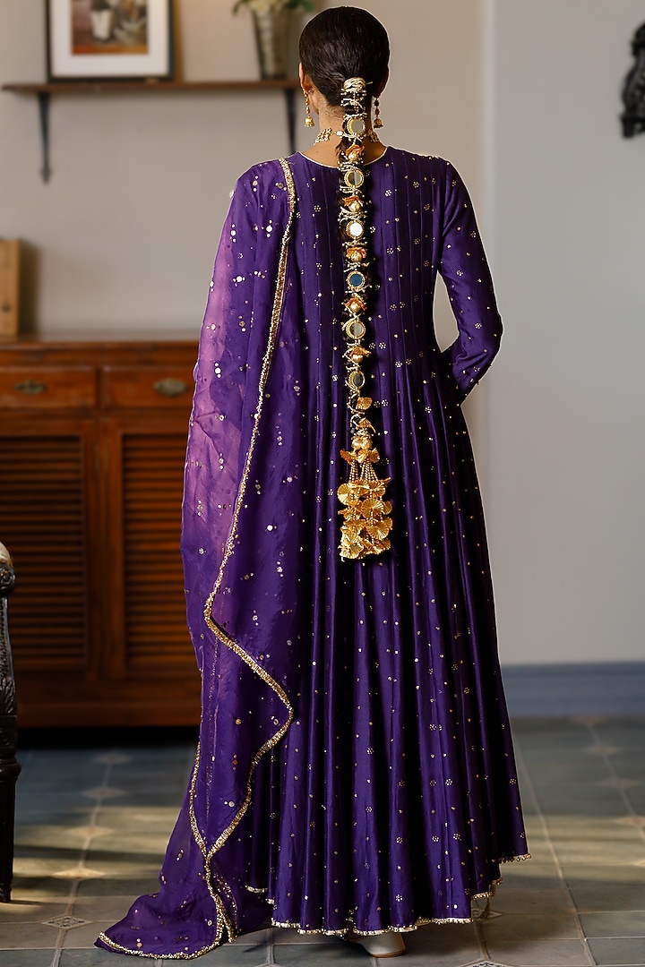 Purple Mukaish Silk Mulk Embroidered High-Low Bridal Anarkali Set by Payal Singhal at Pernia's Pop Up Shop