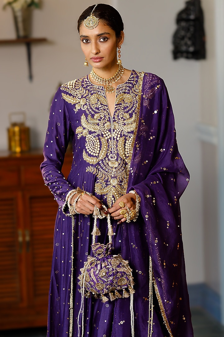 Purple Mukaish Silk Mulk Embroidered High-Low Bridal Anarkali Set by Payal Singhal at Pernia's Pop Up Shop