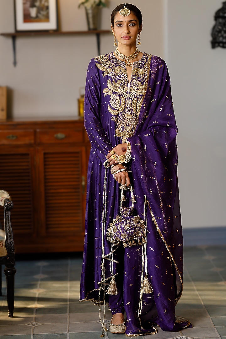 Purple Mukaish Silk Mulk Embroidered High-Low Bridal Anarkali Set by Payal Singhal at Pernia's Pop Up Shop