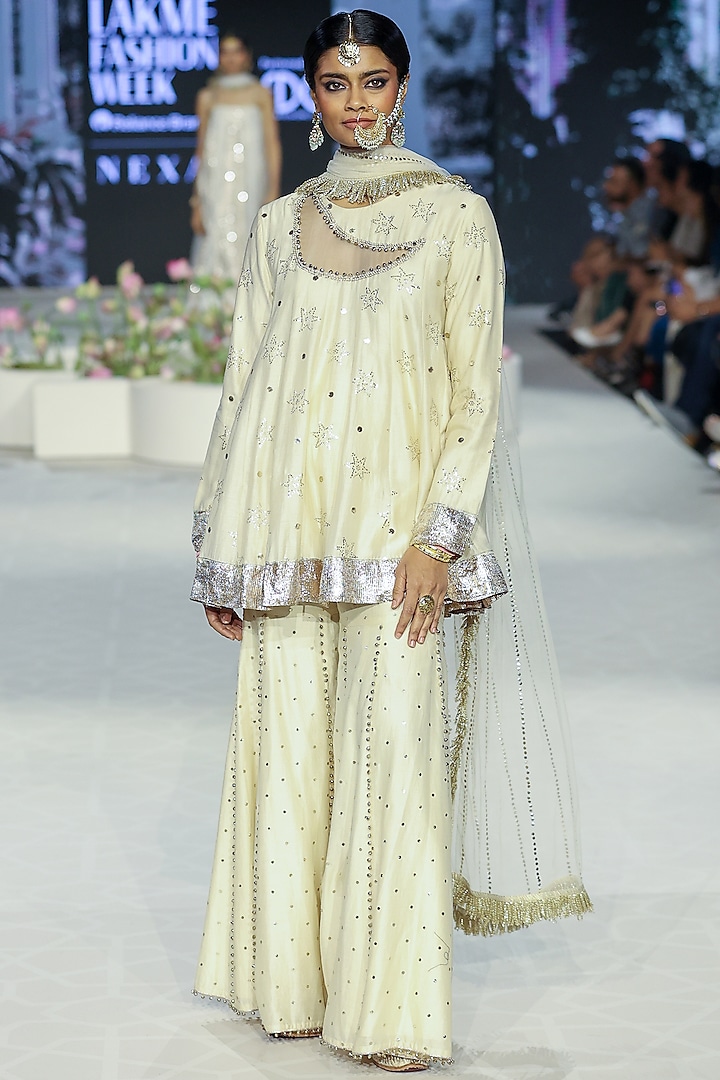 Stone Beige Mukaish Silk Mul Embroidered Sharara Set by Payal Singhal at Pernia's Pop Up Shop