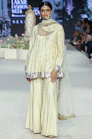 Stone Beige Mukaish Silk Mul Embroidered Sharara Set by Payal Singhal