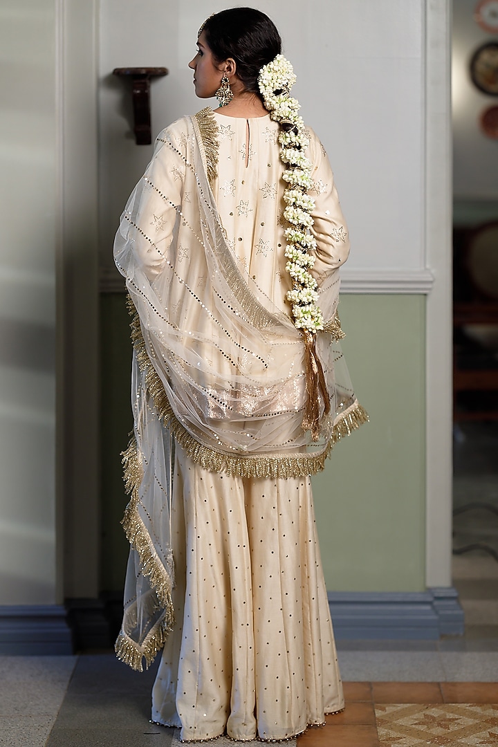 Stone Beige Mukaish Silk Mul Embroidered Wedding Sharara Set by Payal Singhal at Pernia's Pop Up Shop