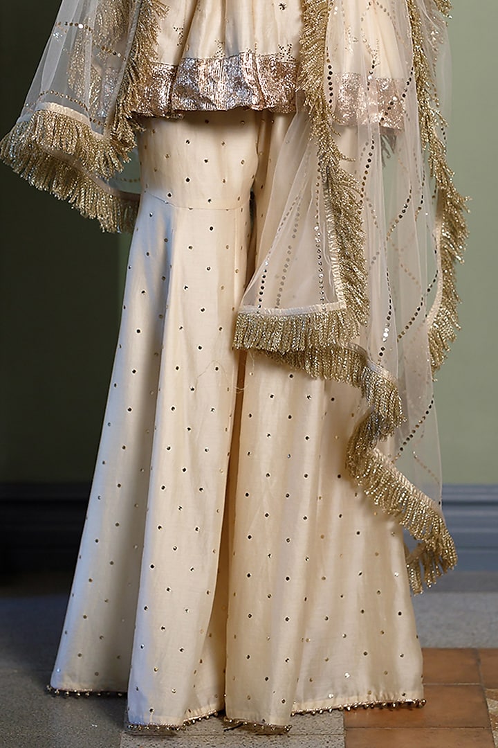 Stone Beige Mukaish Silk Mul Embroidered Wedding Sharara Set by Payal Singhal at Pernia's Pop Up Shop