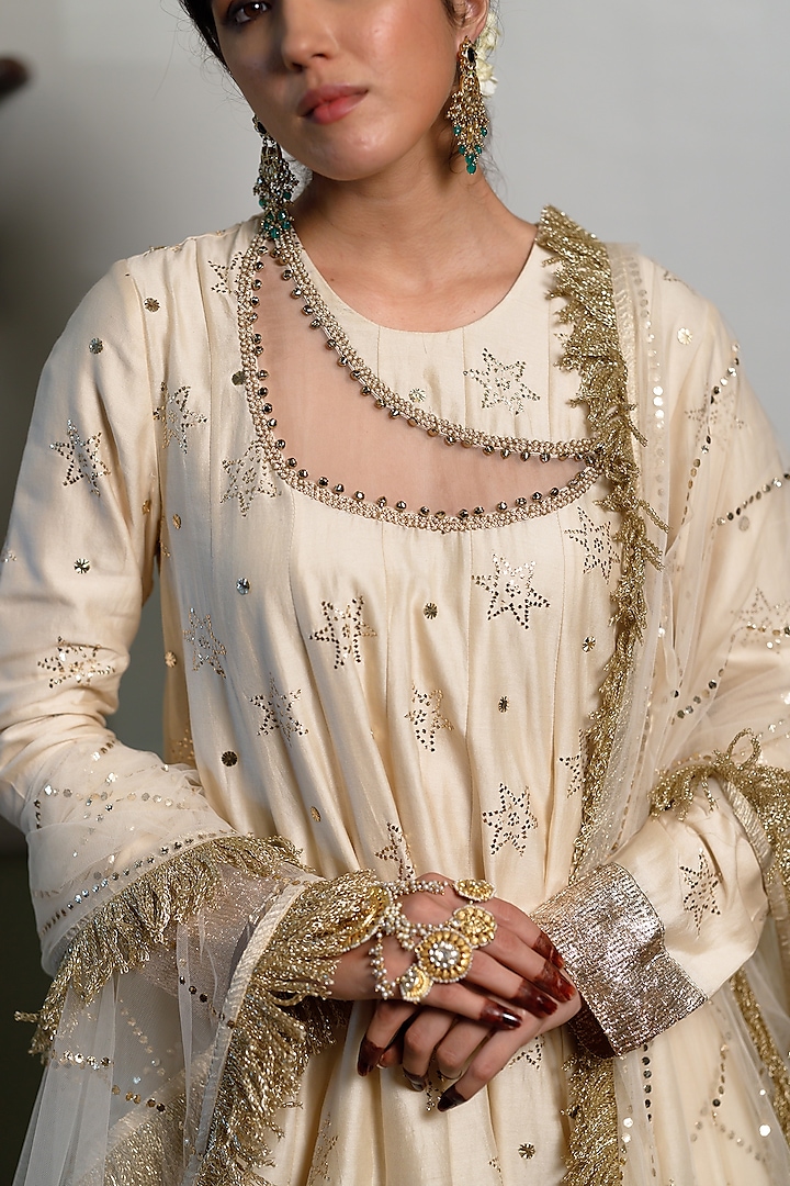 Stone Beige Mukaish Silk Mul Embroidered Wedding Sharara Set by Payal Singhal at Pernia's Pop Up Shop